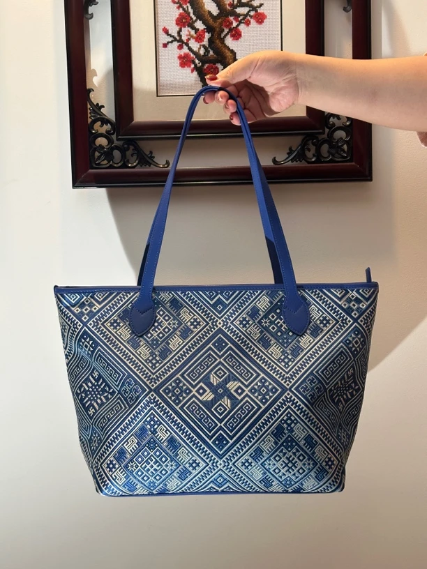 广西壮锦非遗包包灰蓝永结同心花纹时尚女包通勤包单肩包手提包