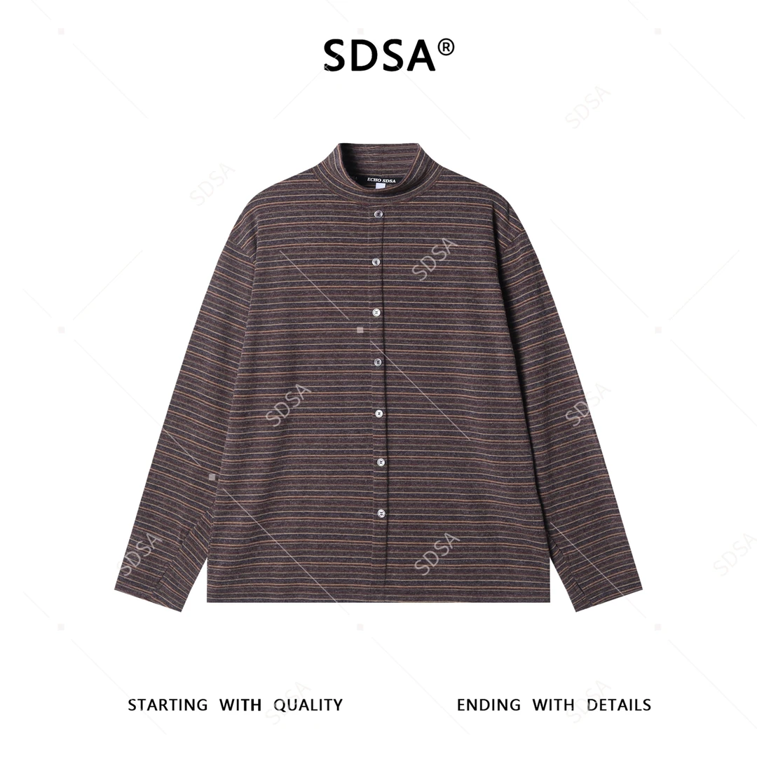 SDSA秋冬新款痞帅男装时尚简约撞色条纹立领长袖T恤纽扣百搭时尚