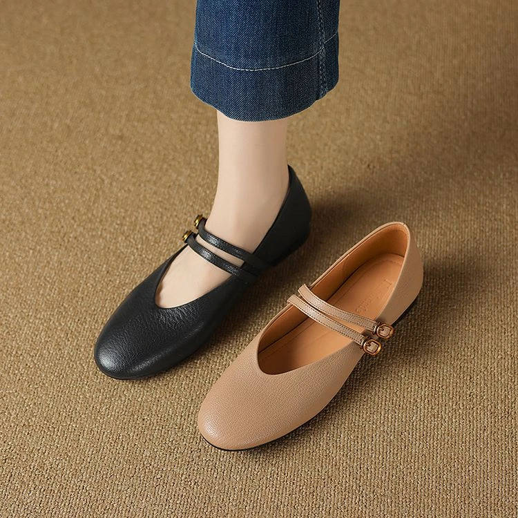 2CM 2024年春秋新款单鞋粗跟圆头百搭休闲真皮舒适软底玛丽珍单鞋