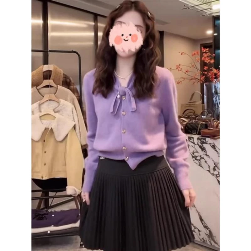 蝴蝶结软糯毛衣女秋冬装内搭小香风系带短款时尚上衣针织打底衫