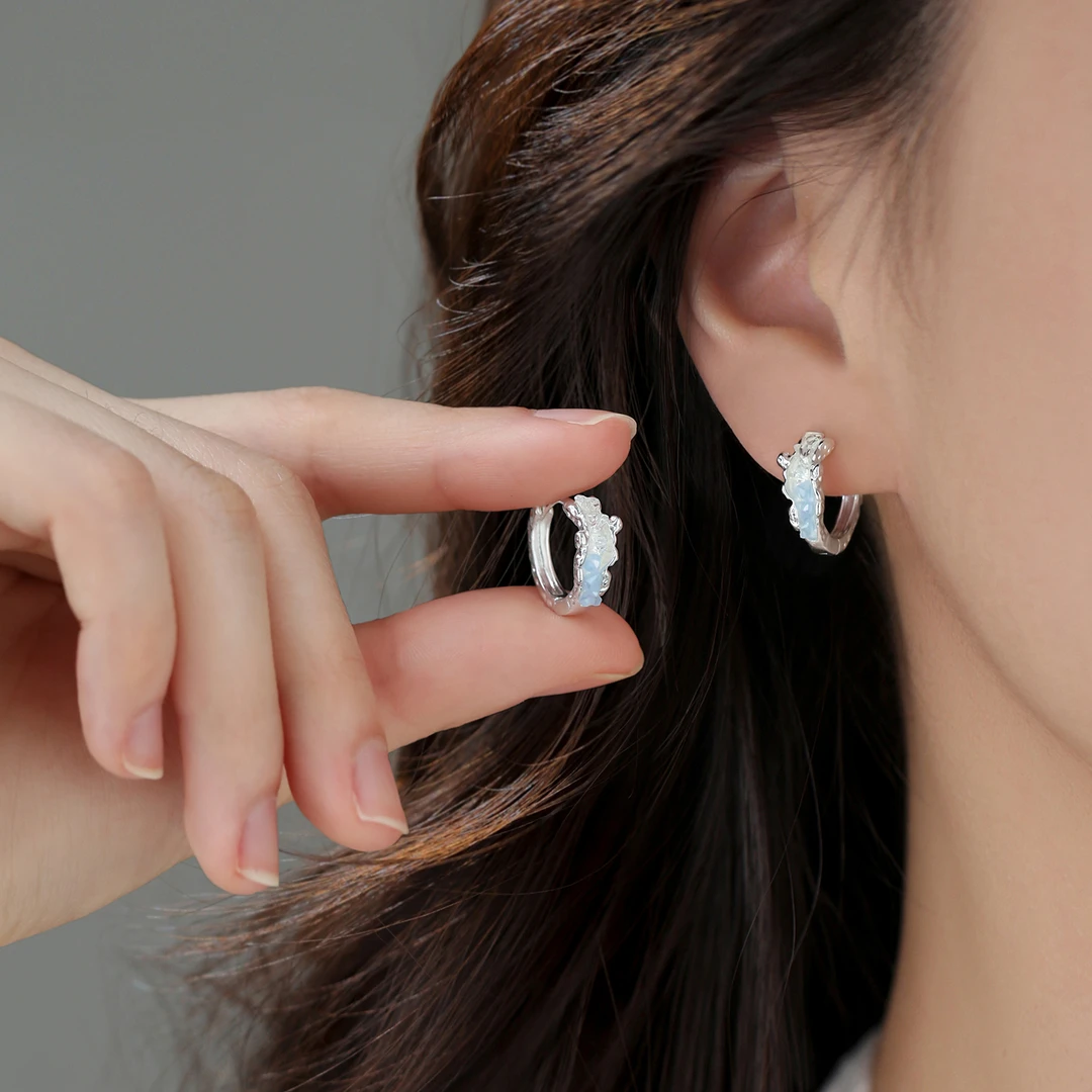 足银仿水晶耳饰 999银针蓝色水晶耳环女款小众设计感ins气质耳圈
