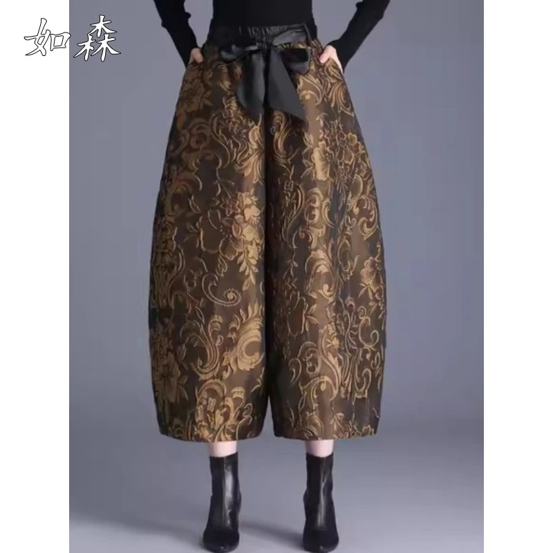 高端提花阔腿裤女士加绒裤子秋冬新款高腰九分花苞裤加厚休闲长裤