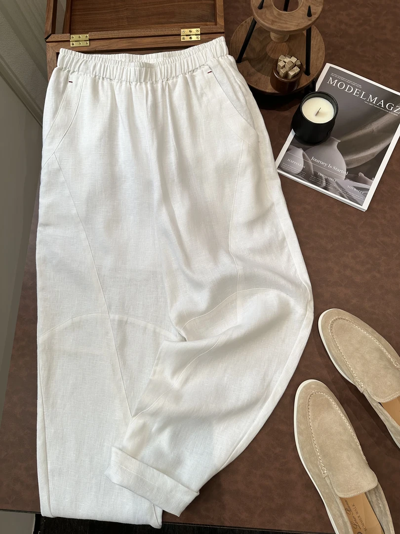100亚麻新款时尚百搭透气亲肤轻奢休闲宽松男弯刀裤休闲长裤55005