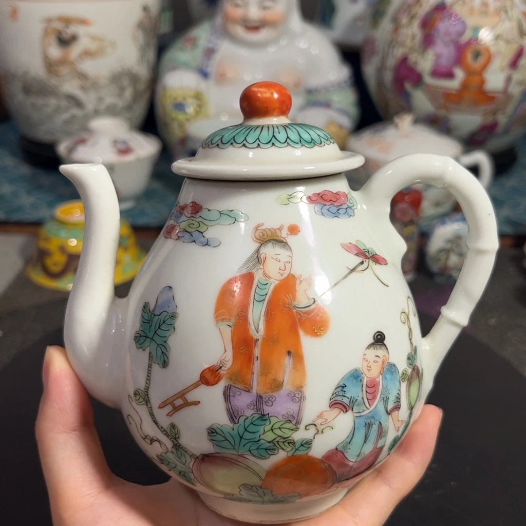 细路粉彩茶壶一把全品