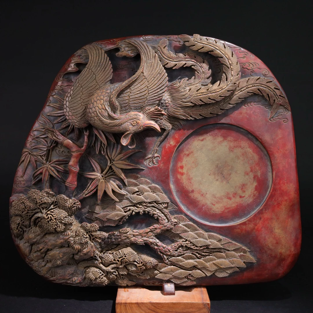 端砚：丹凤朝阳  尺寸：长44.5cm，宽38cm，厚8.8cm，重21.4kg