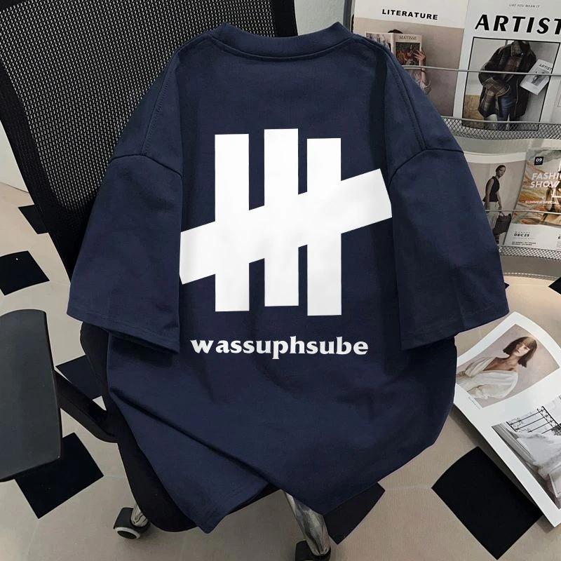 WASSUP HSUBE美式潮牌字母印花纯棉时尚短袖t恤男夏休闲藏青上衣