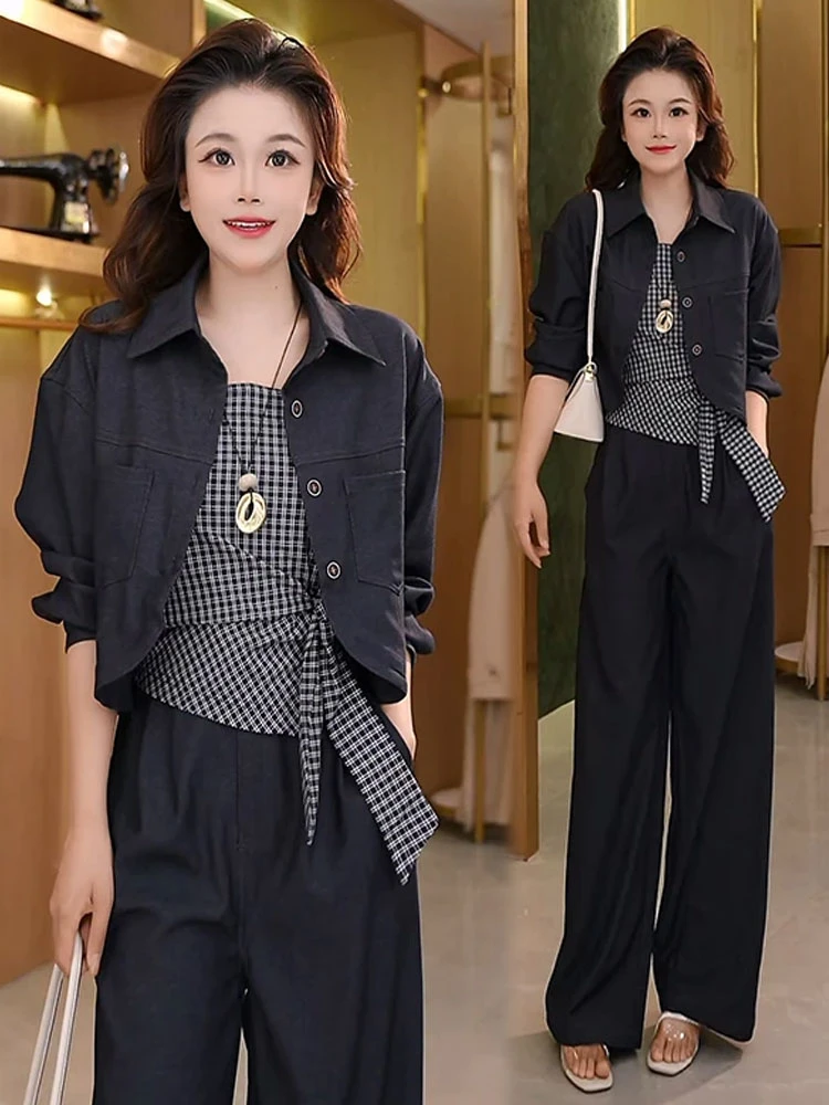 时尚套装女2025秋季复古短款外套格子内搭背心高腰阔腿裤三件套潮