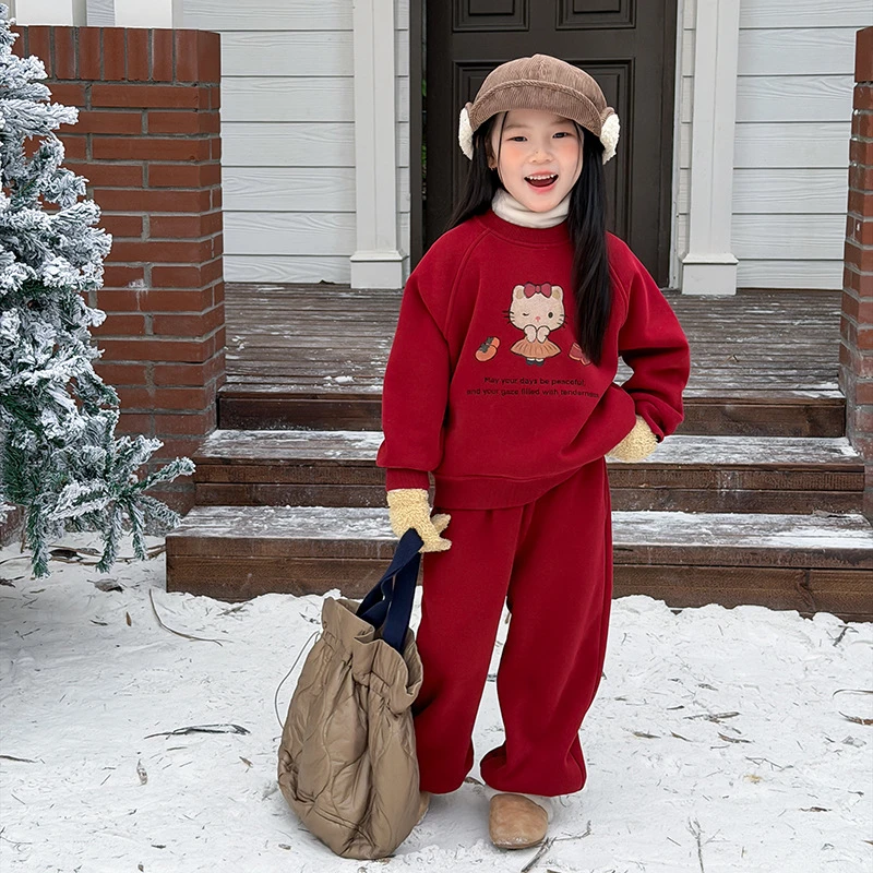 【两件套】女童冬加厚复合300克羊驼绒猫咪卫衣卫裤套装25M066