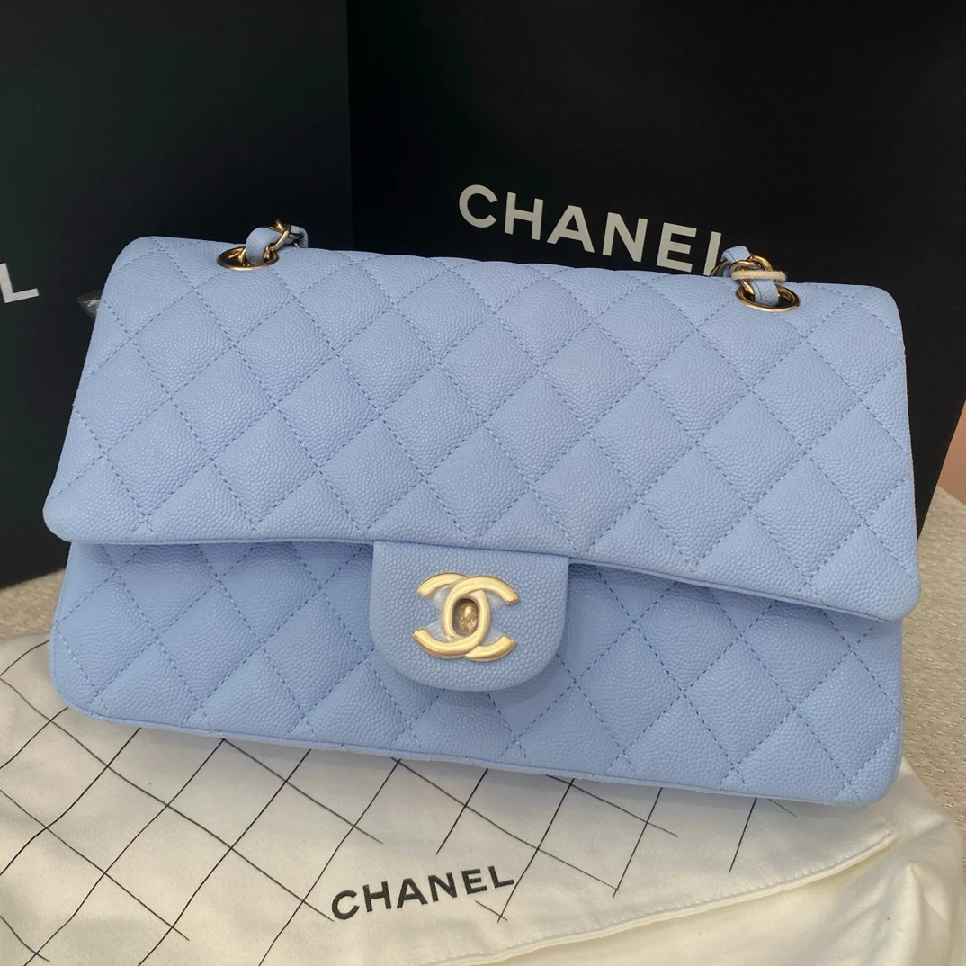 未使用 Chanel/香奈儿 cf baby蓝 荔枝皮中号单肩斜挎包 未使用