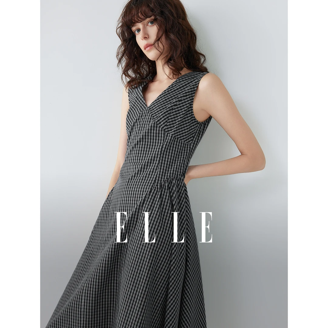 ELLE黑白格纹V领连衣裙女2025秋新款高级感法式时髦EL52530