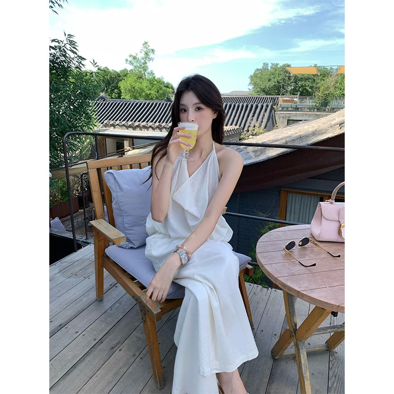 韩系御姐范高级感百搭露背休闲无袖挂脖上衣高腰宽松直筒裤阔腿裤