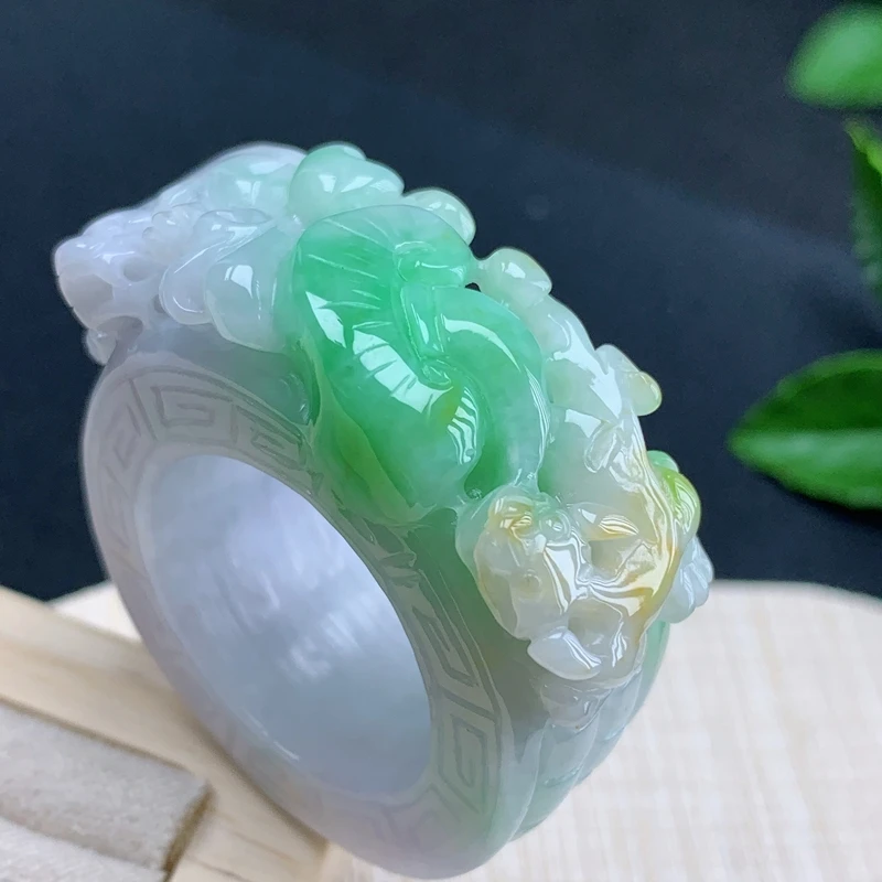 戒指内径22.9玉石缅甸天然A货翡翠绿色黄翡招财进宝貔貅扳指