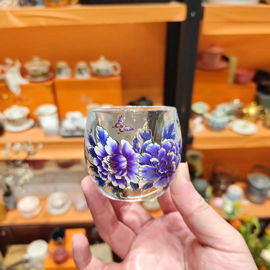 友名  透明高硼硅玻璃变色牡丹主人杯功德杯茶杯品茗杯-2903