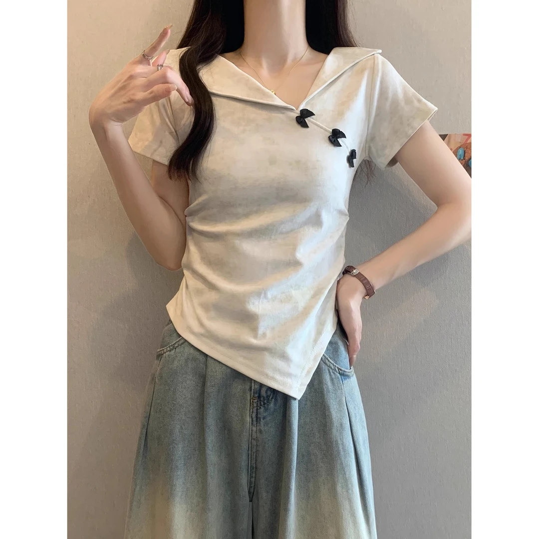 翻领蝴蝶结正肩短袖T恤女2025夏季大码胖mm小众洋气不规则上衣潮
