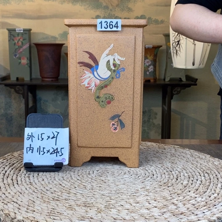 花盆紫砂  柴烧奎面如意手绘签筒1364