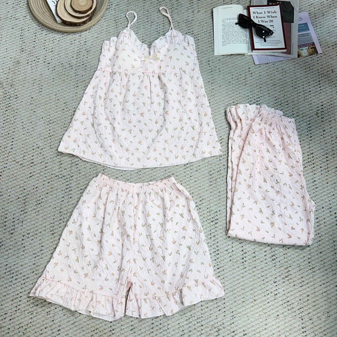 2025夏季新款时尚百搭卡通印花碎花无袖家居服套装三件套4317