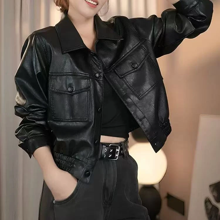 【原创正品】2025轻奢百搭皮衣外套女士复古翻领短款皮夹克上衣5602