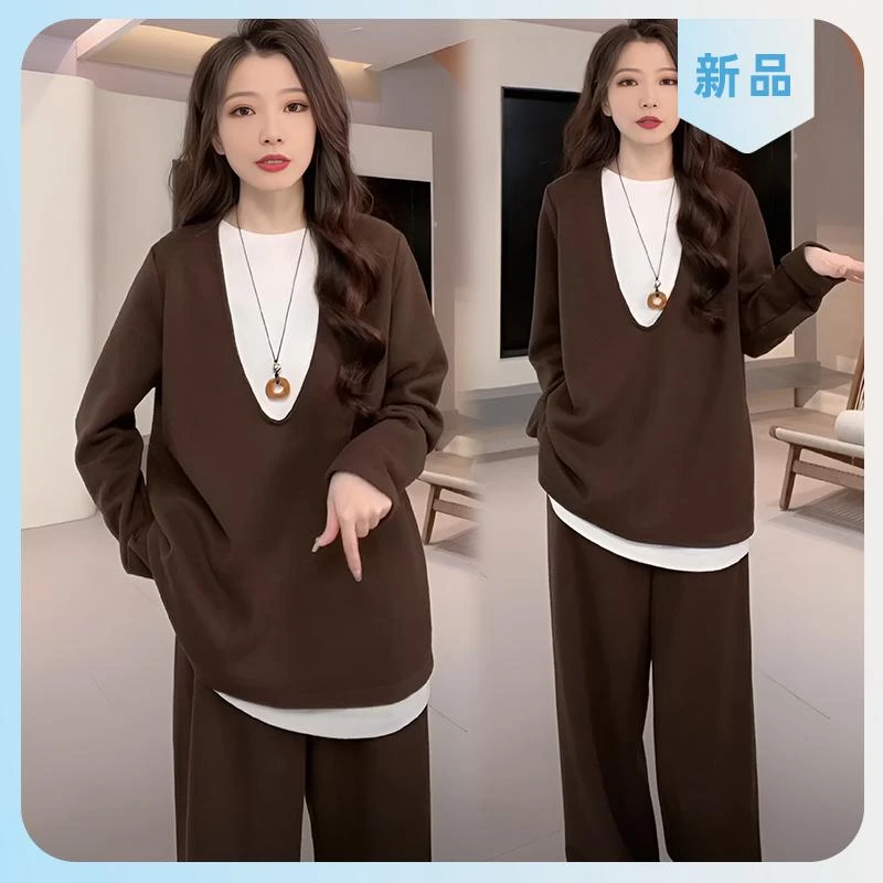 设计感撞色拼接假两件上衣高腰阔腿休闲裤两件套春秋穿搭一整套女