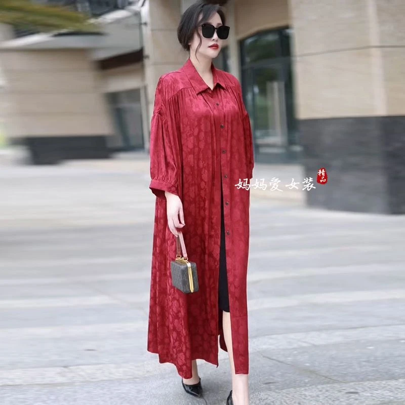 高端妈妈大码宽松阔版连衣裙2025春夏气质减龄中年女装开衫长裙子