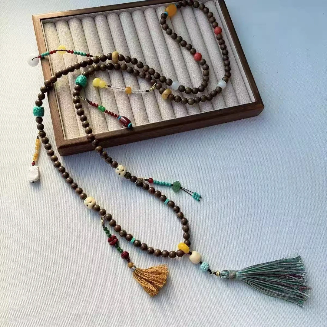 长款檀木斜挎多用链菩提念珠复古