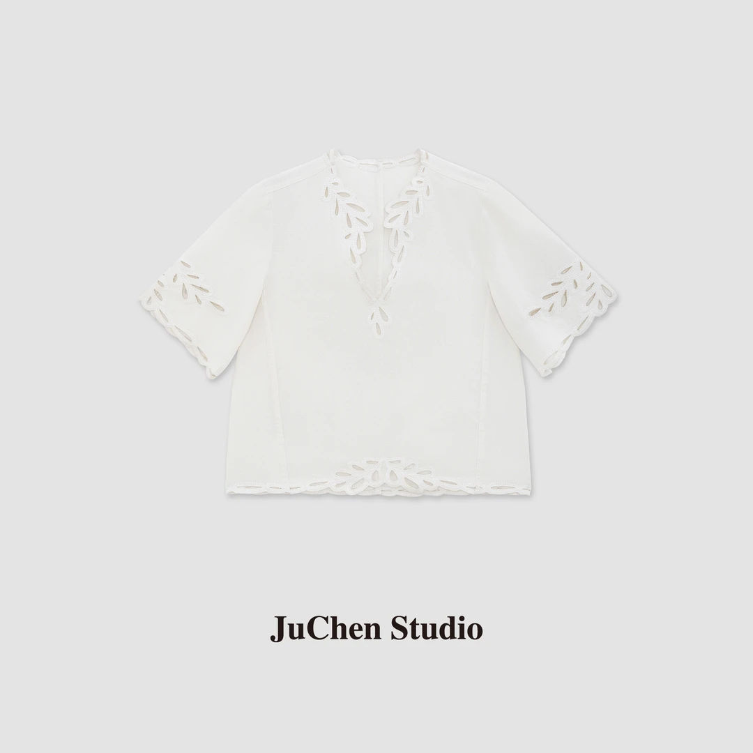 海岛度假风苎麻棉镂空刺绣花边V领五分袖上衣 SS023671“琼枝玉叶”