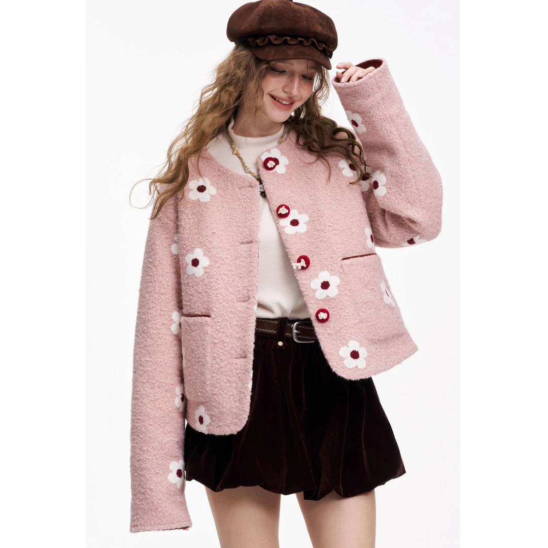 妖精的口袋复古粉色小花棉衣外套女2025年冬季新款千金风棉服外套