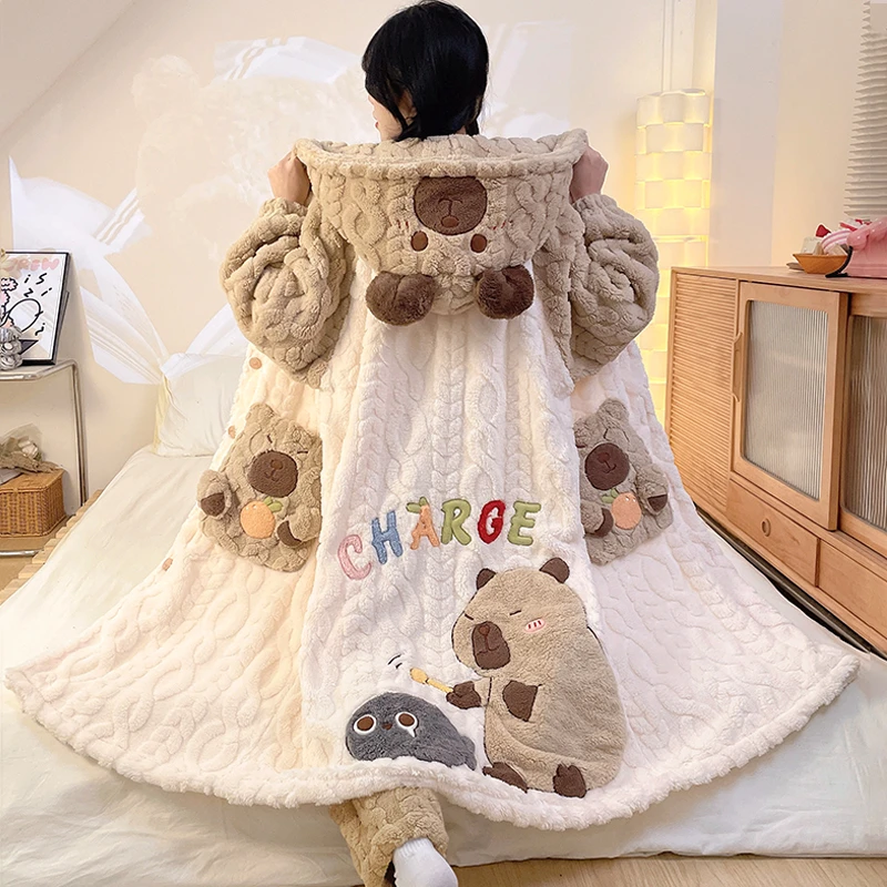 珊瑚绒睡衣女秋冬季加厚加绒法兰绒卡通佛系熊保暖家居服套装睡袍