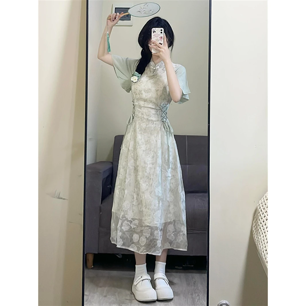 夏季新款新中式改良版旗袍收腰碎花连衣裙女复古国风长裙