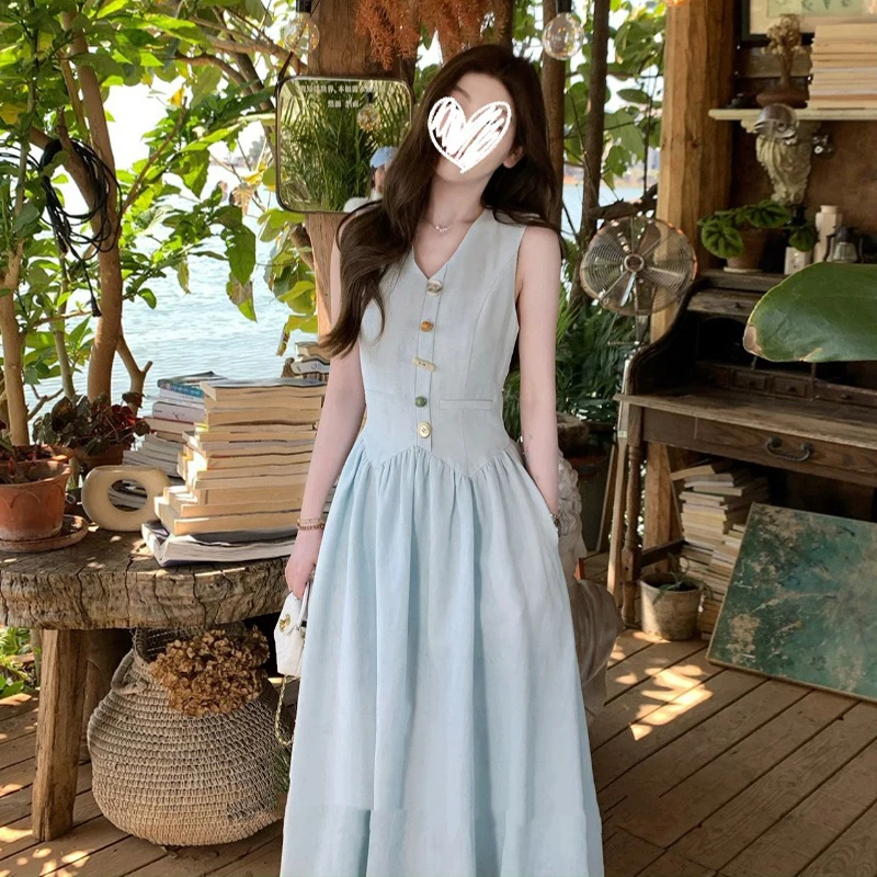 法式高级感蓝色无袖背心连衣裙子女夏季2025收腰显瘦气质长裙2977
