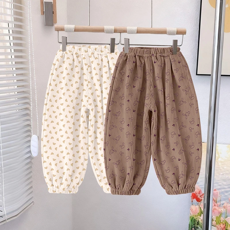 儿童裤子春秋新款灯芯绒休闲裤男女宝中小童宽松洋气卡通印花长裤