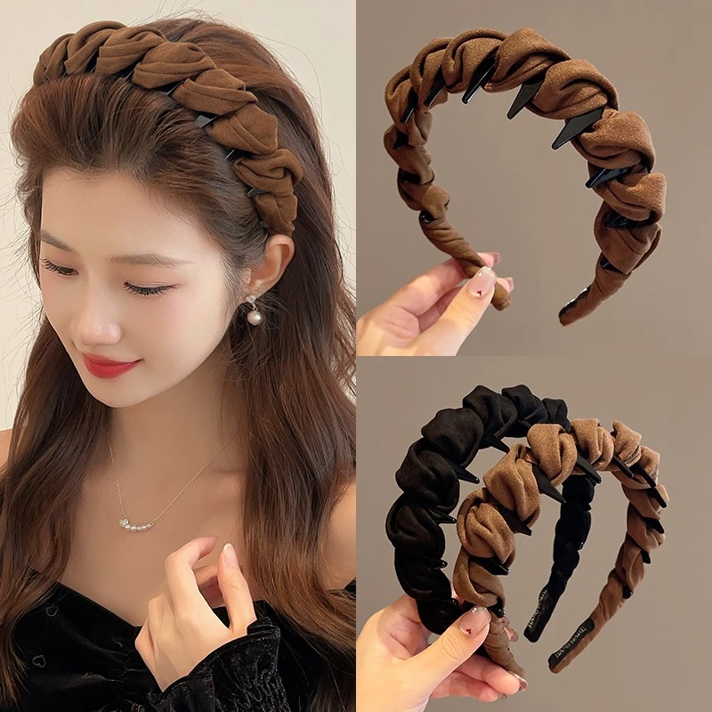 绒面布艺缠绕发箍女秋冬新款高颅顶带齿防滑头箍发卡洗脸压发头饰