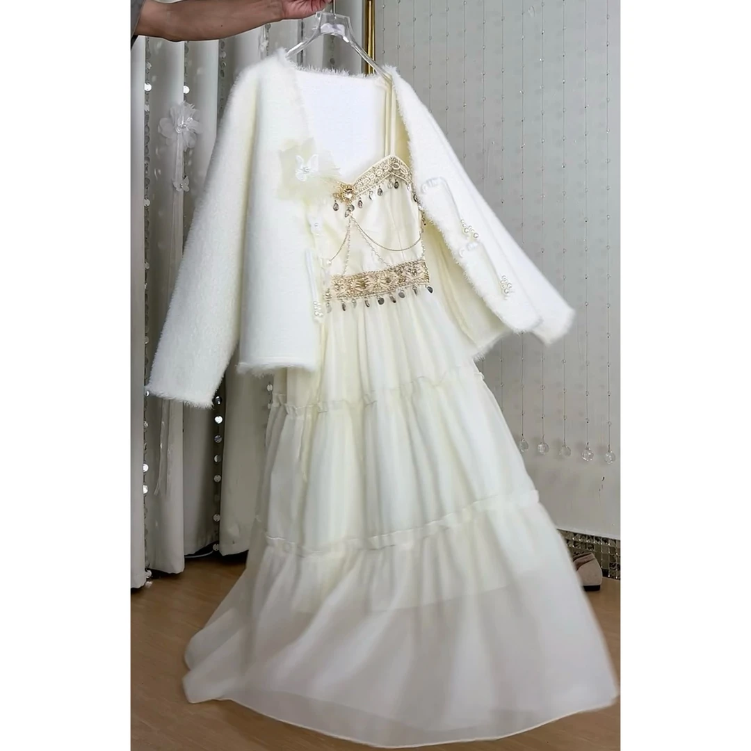 秋季首发设计款花朵飘带毛衣外搭挂链新中式仙女裙套装连衣裙仙气