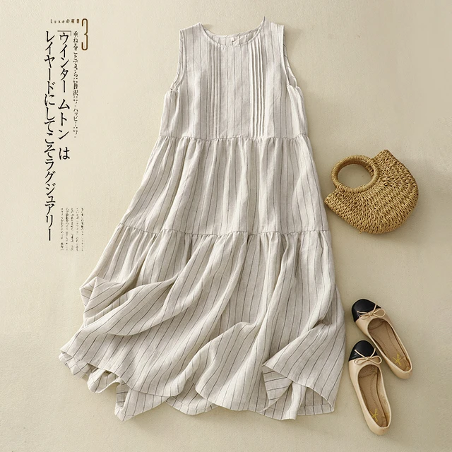 文艺竖条纹亚麻无袖背心裙女夏季大码2024新款宽松气质大摆长裙子