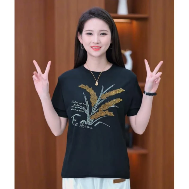 烫钻短袖t恤女夏季新款中年妈妈装重工宽松黑色圆领
