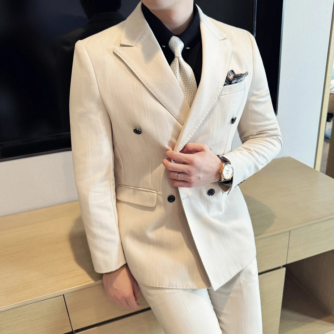 男士商务休闲西服2025结婚莱赛尔醋酸条纹双排扣西装套装婚礼