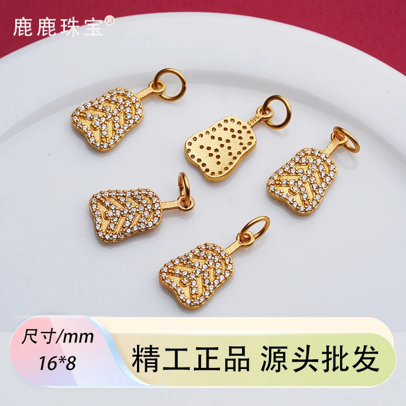 925银银制品 精工古法银镀金满钻款芭蕉扇提溜diy银配件