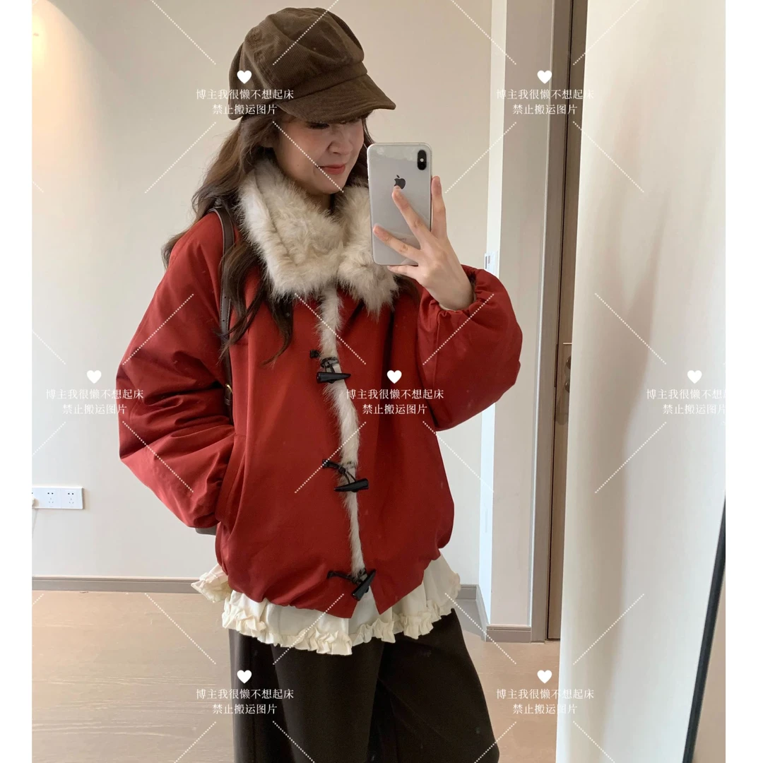 【雪境派克】翻领仿真毛蓬松花苞保暖复古牛角扣撞色秋冬款PC1011