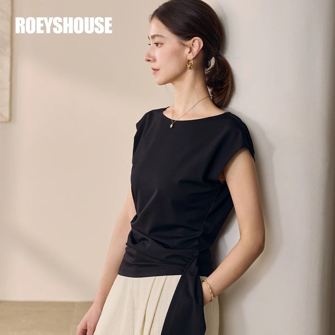 【RH】罗衣气质时尚黑色T恤女2025夏季新款简约通勤设计感上衣12155