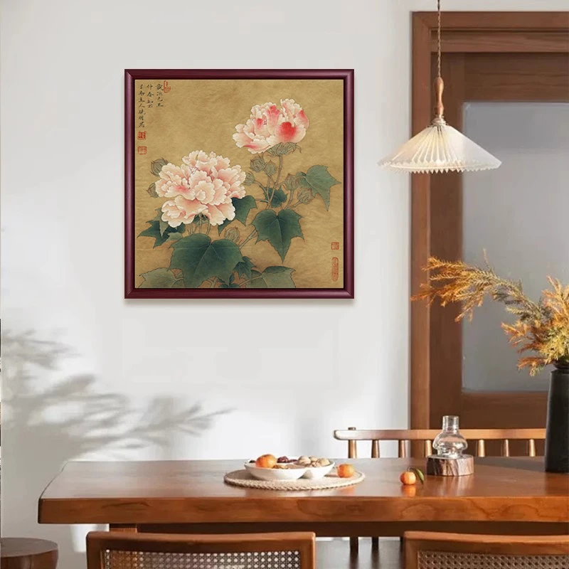 【50*50】中式出水芙蓉装饰画木框适合玄关书房茶室客厅挂画