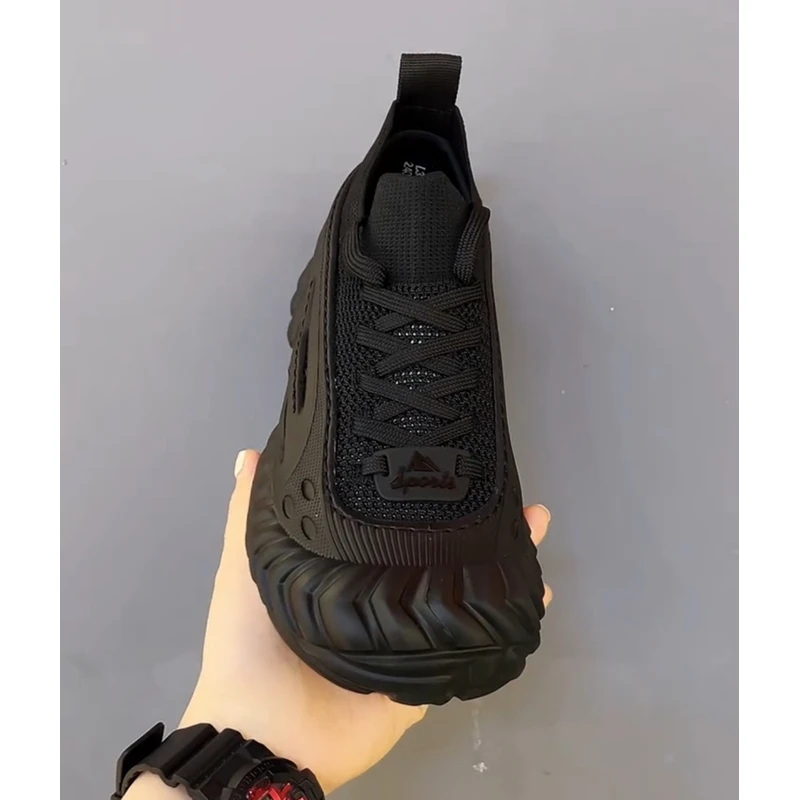 广州休闲运动鞋低帮飞织男鞋时尚百搭黑色系带透气轻便厚底3368DN