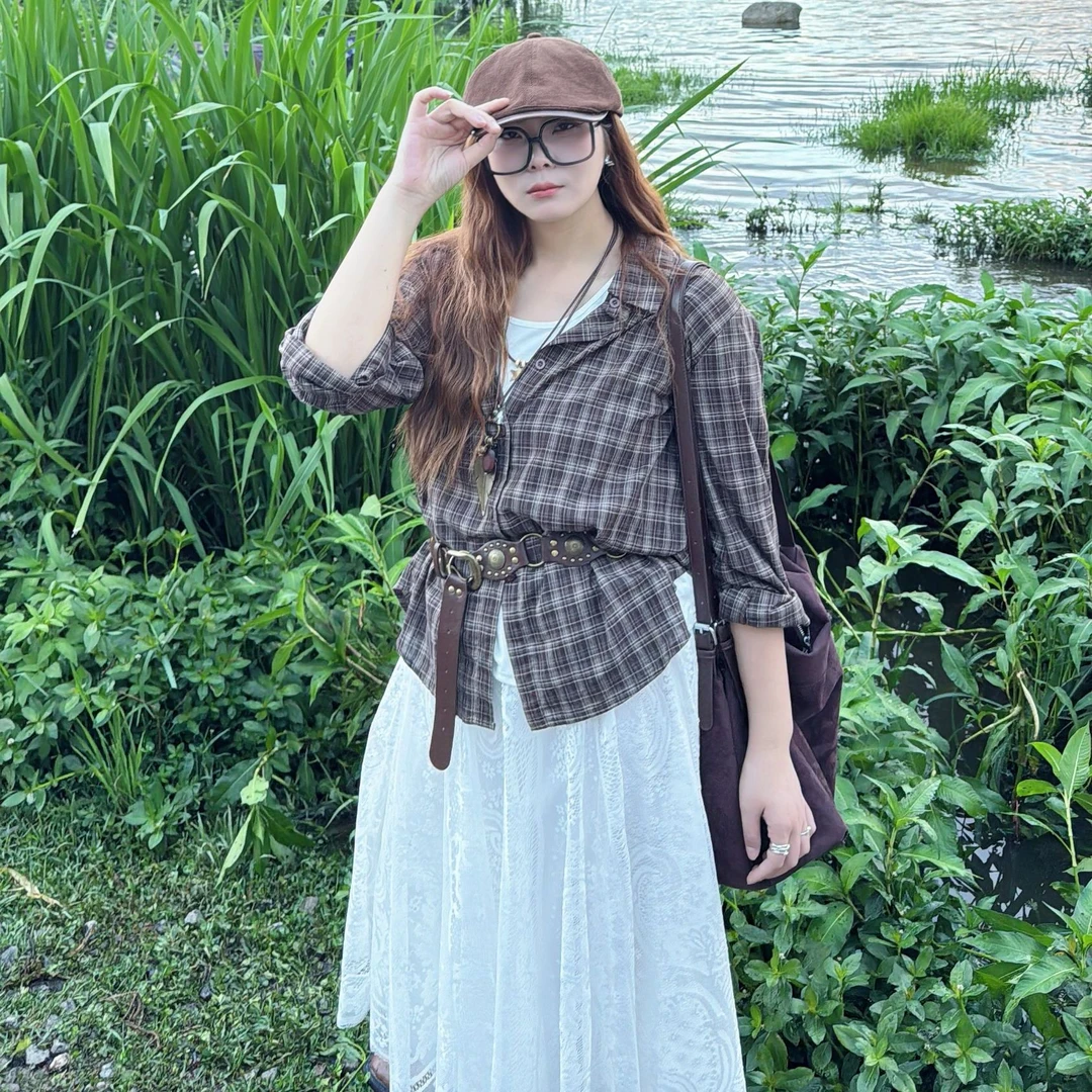 秋款新款微胖大码格纹复古港风气质休闲风时尚百搭长袖衬衫7213