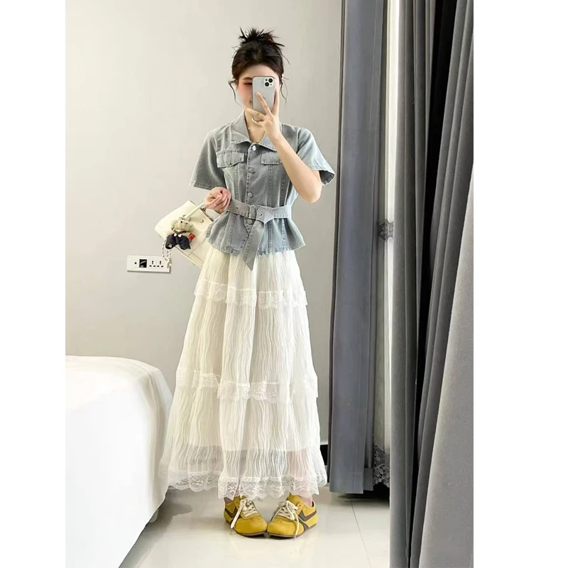 夏季套装女2025新款时尚减龄牛仔外套蕾丝拼接网纱半身裙两件套装