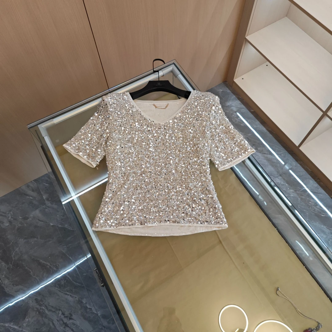 2025夏季高定V领重工短袖T恤-3947