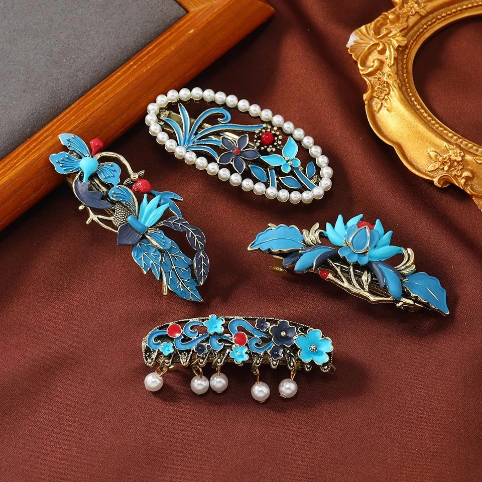 仿烧蓝花朵复古国风弹簧夹夏季汉服盘发顶夹珍珠流苏发饰夹子女