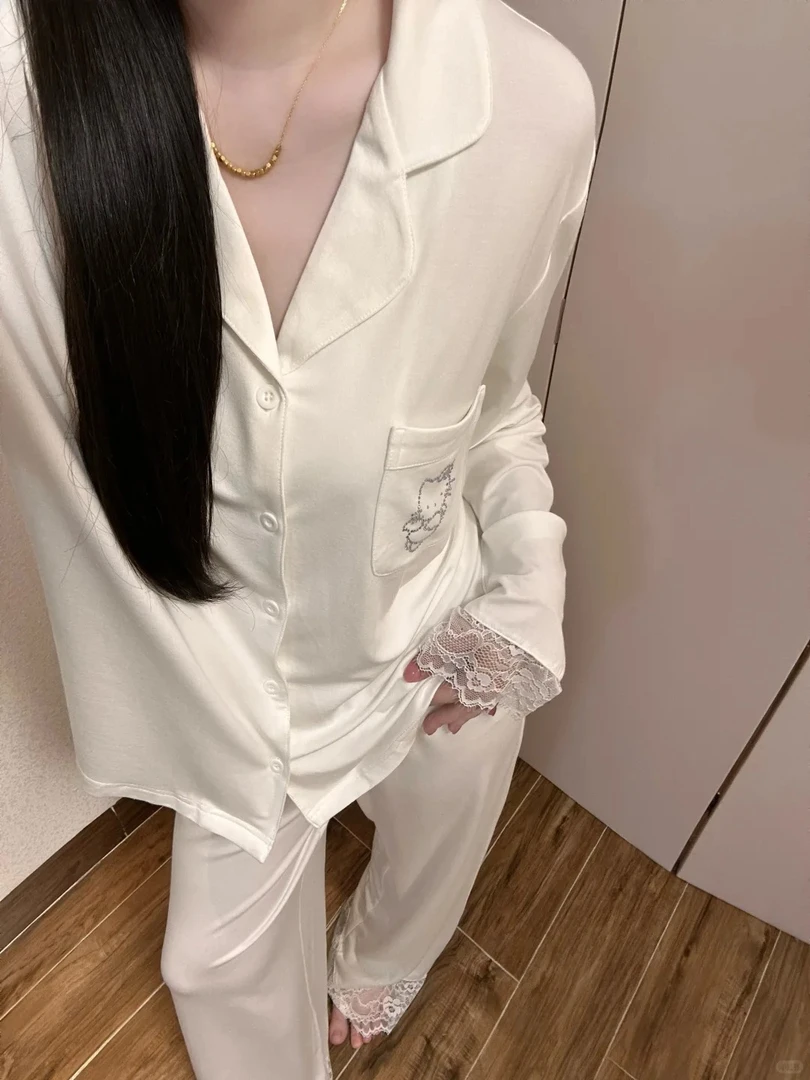 法式纯欲风烫钻kitty莫代尔睡衣女春秋新款长袖套装家居服可外穿