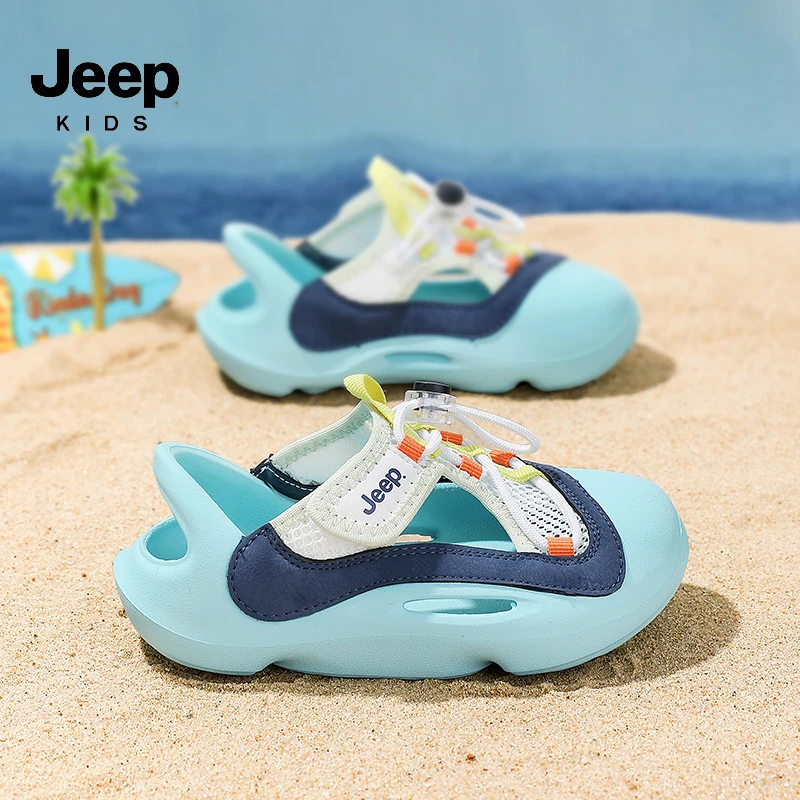 JEEP儿童镂空溯溪鞋夏季2025男童透气运动凉鞋中大童魔术贴潮酷鞋