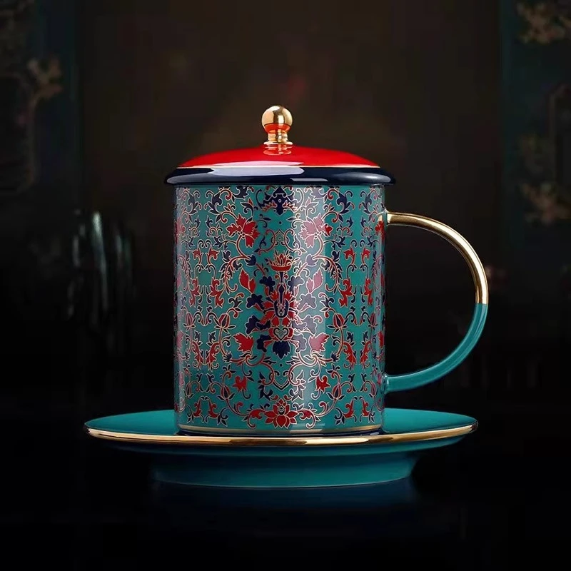 洲裕高端珐琅彩宫廷办公杯陶瓷带盖办公中式个人专用套装水杯茶杯