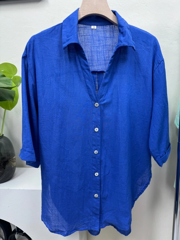 夏新款气质纯色薄款棉麻短袖衬衫