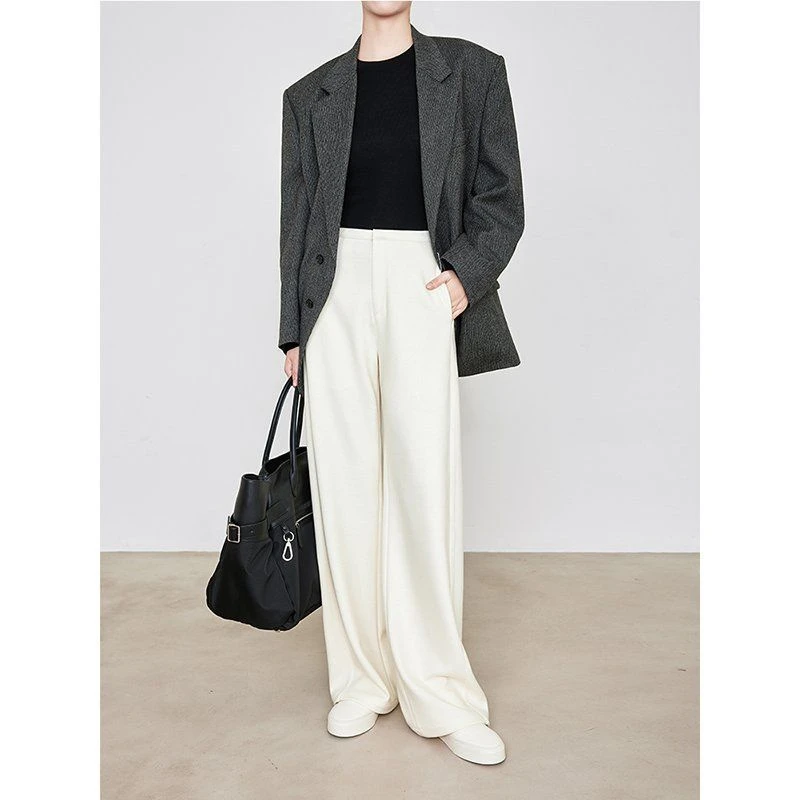 高级感加厚纯色美拉德毛呢裤西装长裤高腰白裤子秋冬宽松阔腿裤女