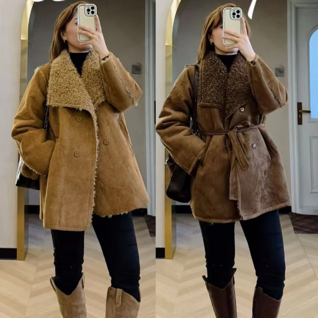 翻领双排扣加厚保暖短款通勤风冬季毛呢加绒外套女韩版时尚网红